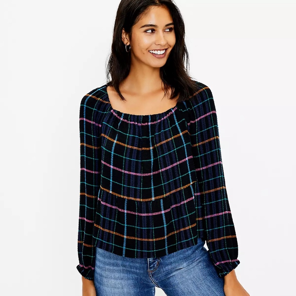 New Loft Square Neck Peplum Puff Sleeve Plaid Blouse XL